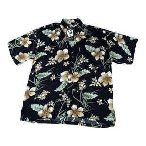 Mango Moon Mens Hawaiian Shirt Large Black Hibiscus Tropical Rayon Button Down